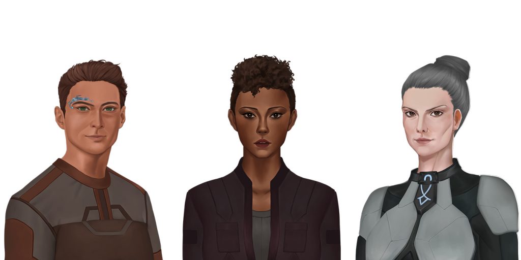 Artists rendition of Waystations characters: Kojan Irej (a man in his 30s with warm, dusky skin, brown hair, hazel eyes and a cybernetic implant around his right eye), Ridley Jones (a woman in her 20s with dark brown skin, short, coiled dark brown hair and brown eyes), Alvera Renata (a woman in her 60s with pale white skin, brown eyes and grey hair)