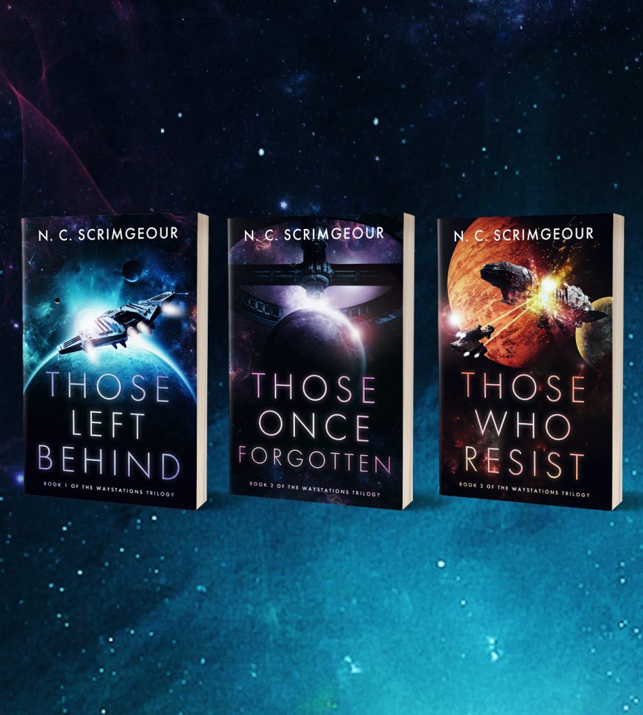 The Waystations Trilogy in paperback against a blue space background