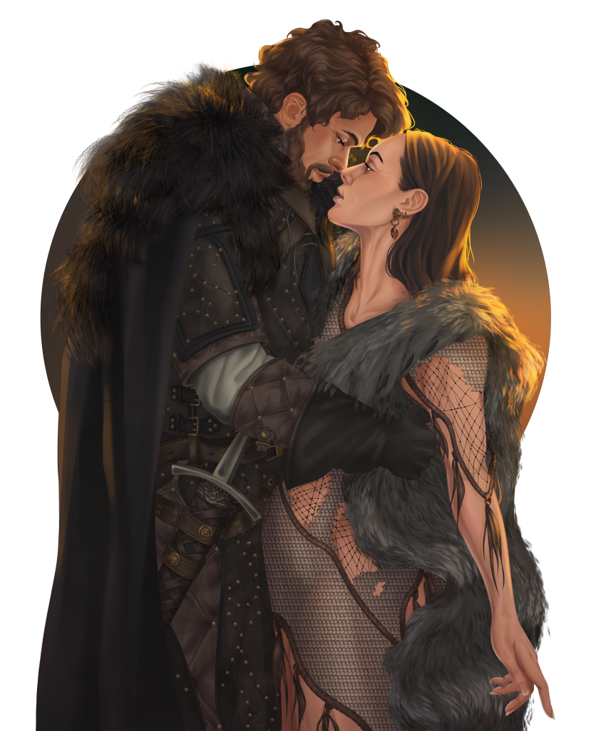 Illustration of Isla and Darce from Sea of Souls by N. C. Scrimgeour. Darce has brown hair and a beard, wearing leather armour and a fur cloak. He is holding Isla around the waist, and she is leaning in. Isla has long brown-black hair and is wearing grey furs and a tunic made of fish netting.
