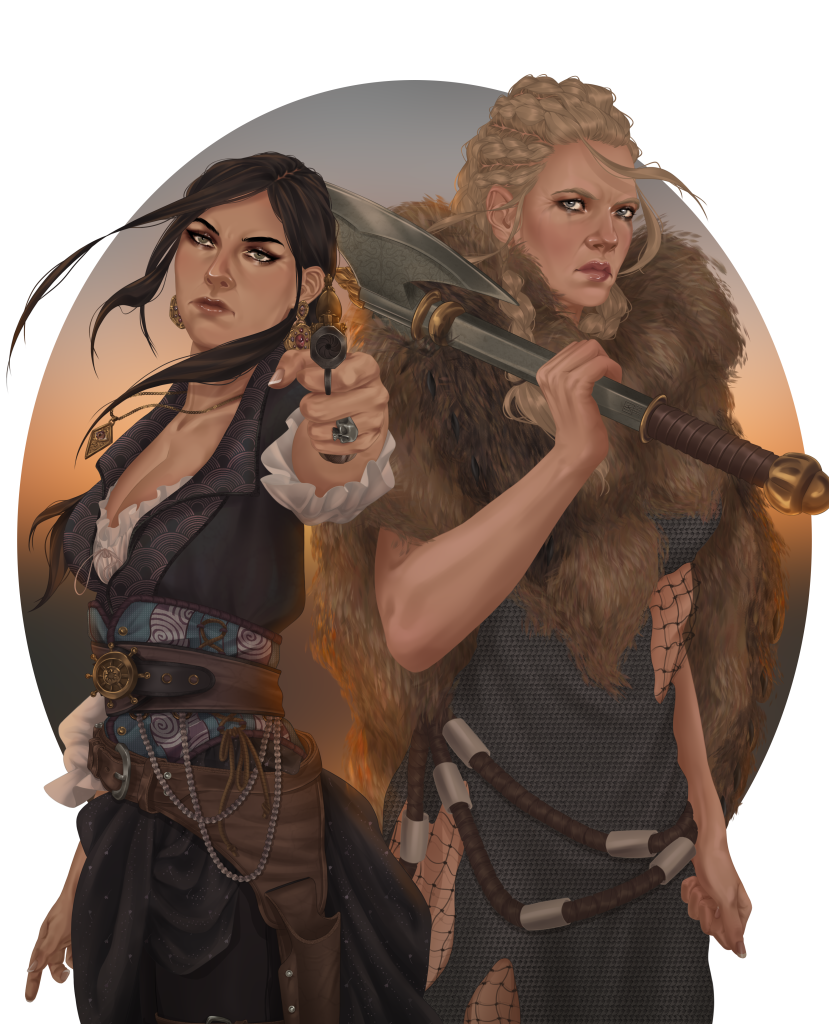 Character illustration of Isla and Eimhir from Sea of Souls by N. C. Scrimgeour. They are standing back to back, with Isla wielding a pistol and Eimhir holding an axe.