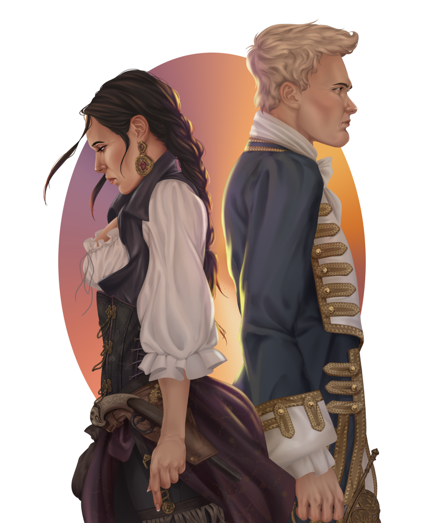 Character illustration of Isla and Lachlan from Sea of Souls by N. C. Scrimgeour. They are standing back to back, with hurt and angry expressions on their faces.