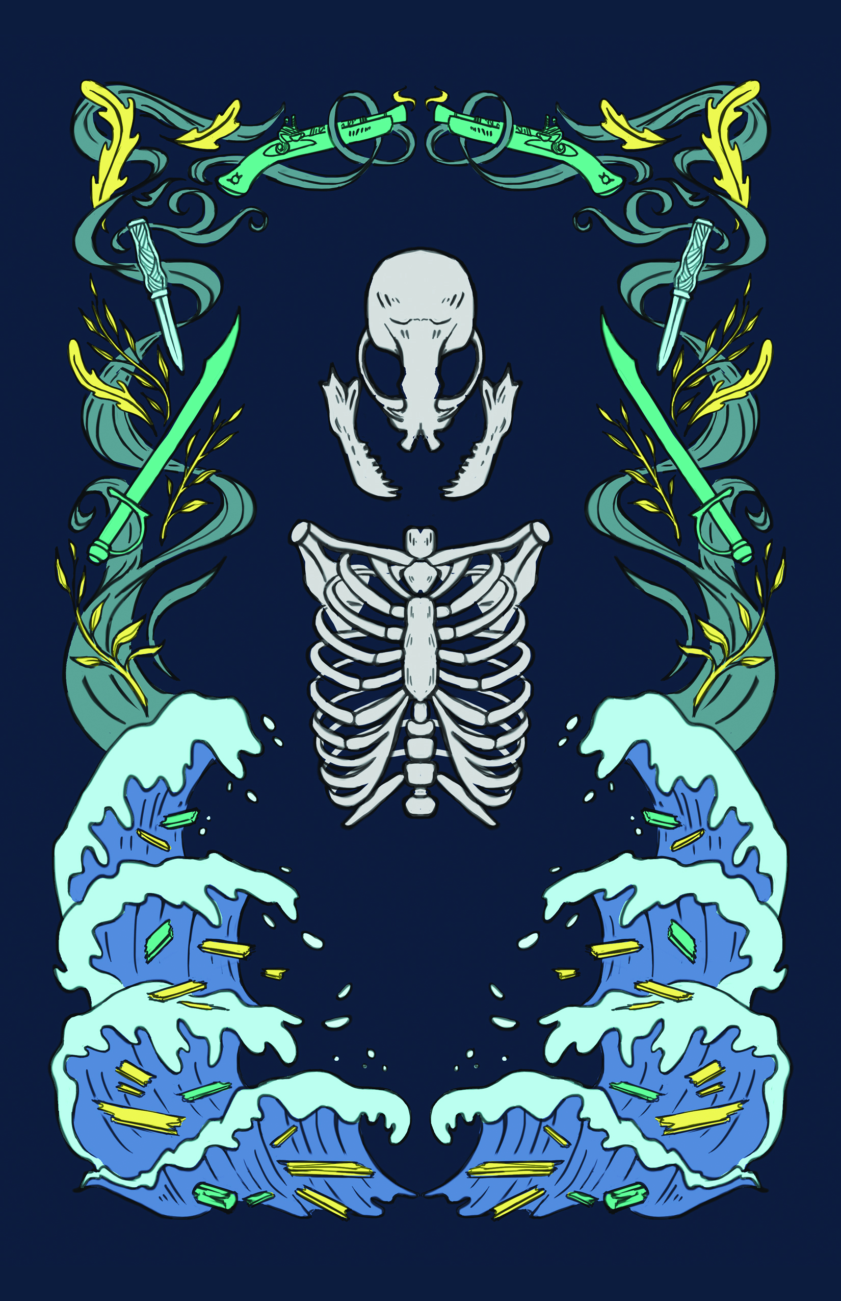 Illustrated hardcover design for Tides of Torment, featuring a seal skeleton, waves, seaweed and pistols